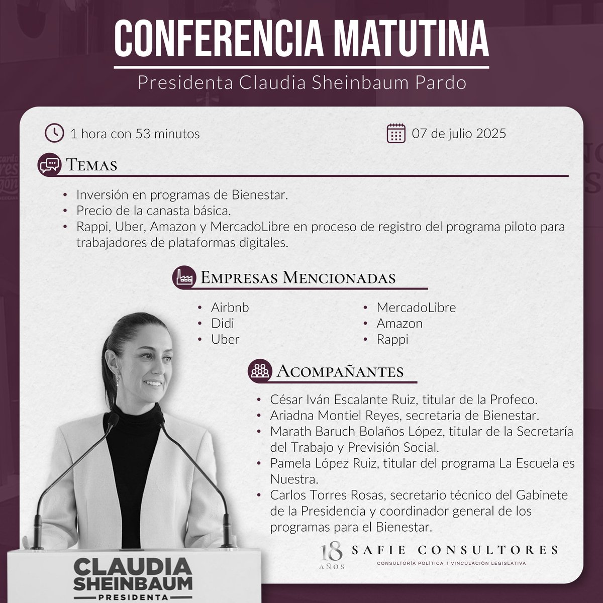 📰 #SafieConsultores te presenta los #highlights de la conferencia matutina de hoy. Conoce las empresas mencionadas y los funcionarios que acompañaron a la presidenta. #ConferenciaPresidenta #GobiernodeMexico