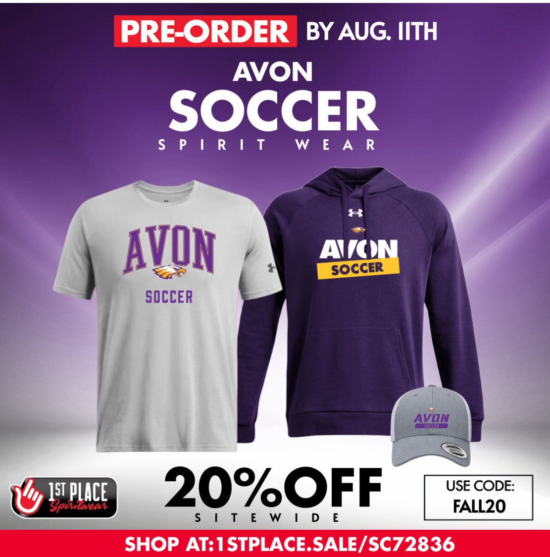 🚨Pre-Season Sale
🗓️July 7th - August 11th
🏷️20% off all merchandise
🗒️Free shipping on orders over $100 w/code FALL20 at checkout 
🔗1stplace.sale/SC72836

💜💛🦅⚽️

<a href="/avoneagles/">avoneagles</a> <a href="/AvonLocalSch/">Avon Local Schools</a> <a href="/AvonEagleShop/">Avon Athletic Boosters</a>