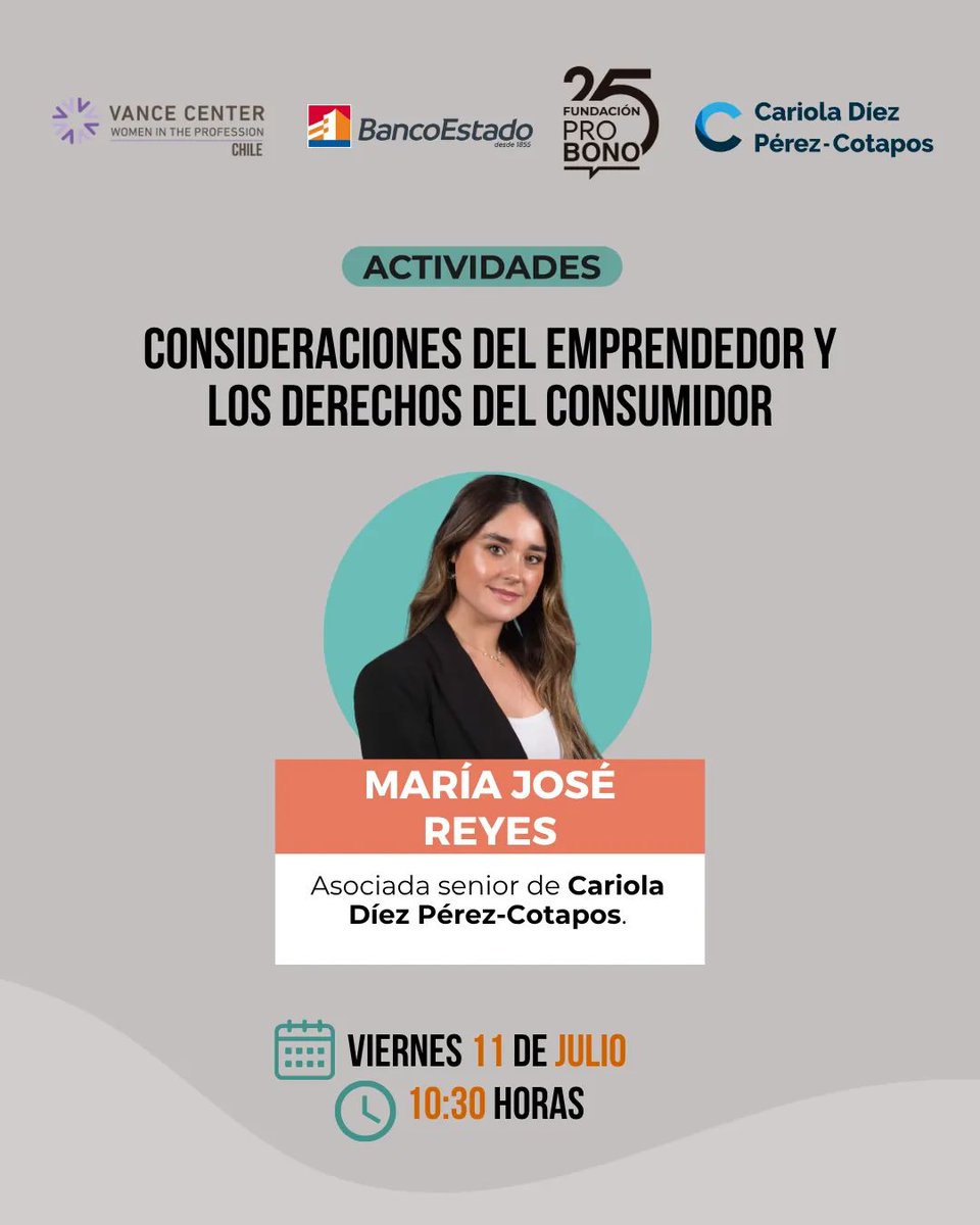 📢¡Nueva charla junto a CreceMujer de <a href="/BancoEstado/">BancoEstado</a> y <a href="/VanceCenter/">Vance Center for International Justice</a>! 

📌Este viernes: "Consideraciones del emprendedor y los derechos del consumidor", por María José Reyes, abogada de Cariola Díez Pérez-Cotapos.

📺Transmisión en vivo a través del Facebook de CreceMujer.