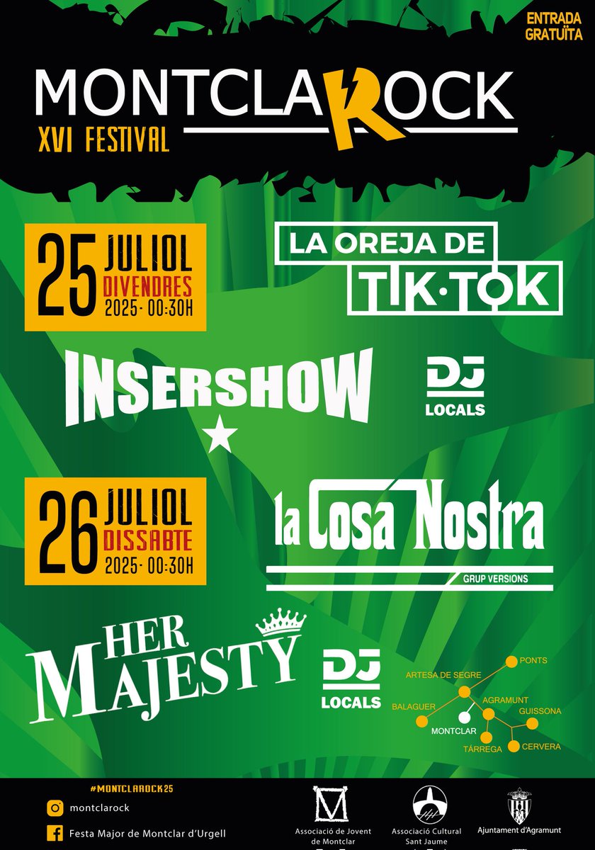 🎸🎉 MONTCLAROCK 2025🎉🎸
Aquesta Festa Major venim TOTS els dies amb energia i molta festa! 🚀🍻
 #Montclarock2025
#festamajor #festamajorjove #montclarock2025 #estiu2025 #nitsdefesta #musicaenviu #versions #viulafesta #gotsamunt #finsquesurtielsol #montclar #fm #montclarock