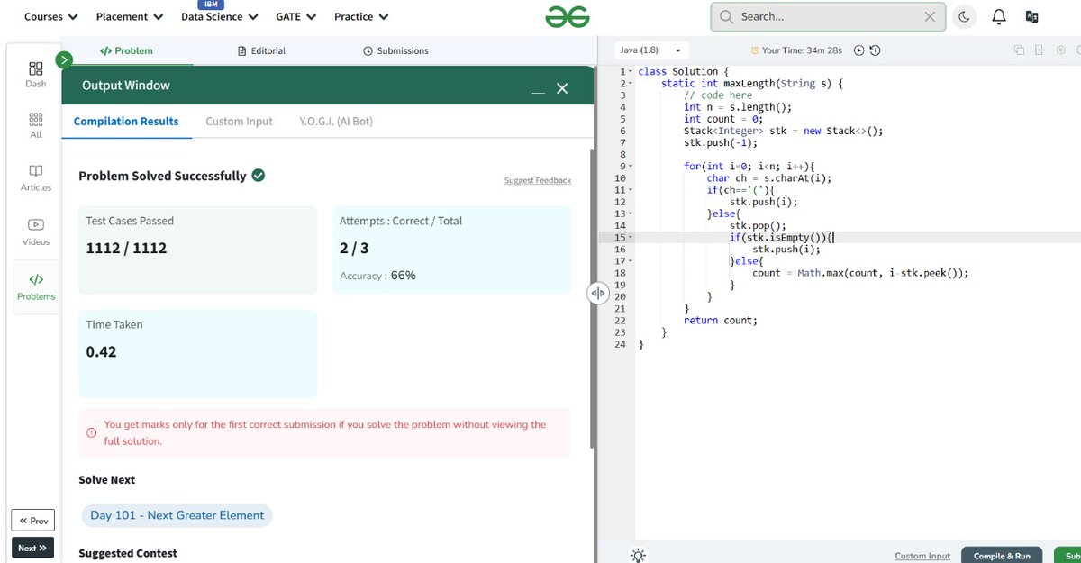 _aditya149_'s tweet photo. Reached #day100 🎉🎉 
Of #gfg160 days of problem solving ✨

Today's problem : Longest valid Parenthesis 
Approach: Stack - based

Time complexity: O(n)
Space complexity: O(n)

@geeksforgeeks
#geekstreak2025 #gfg #coding #problemsolving #java #potd #dsa #CodingChallenge https://t.co/bCMMpfOcxZ