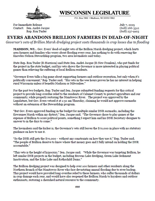 RepRonTusler's tweet image. My press release with Sen. André Jacque on Governor Evers' 1:30 AM veto of the Brillion Dredging Project: