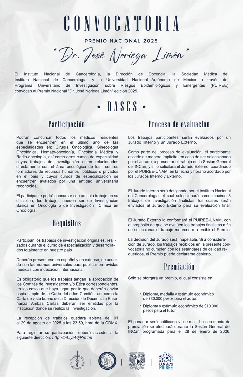 incanMX's tweet image. 🎓 ¿Eres médico residente en tu último año?
Participa en el Premio Nacional “Dr. José Noriega Limón” 2025 con tu trabajo de investigación en oncología.
🧪 Investigación básica o clínica
🗓️ Recepción de trabajos: 1 al 29 de agosto, 2025
📎 Regístrate: bit.ly/40jRm4m