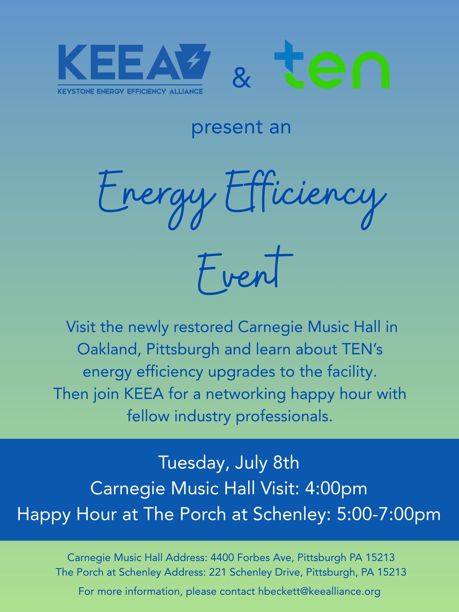 🎉 You're Invited! Join KEEA &amp; TEN for a FREE 'Energy Efficiency Event' in  Pittsburgh on 7/8! Visit the restored Carnegie Music Hall &amp; learn about TEN’s EE upgrades, then join us for a networking happy hour.

✅ Register now: forms.gle/rsUterbRpU71BR…