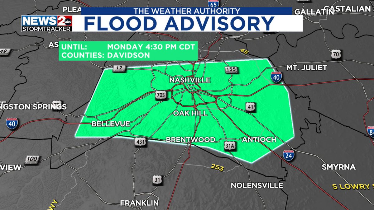 WEATHER ALERT: Flood Advisory for the area in green. Stay tuned to #wkrn. Interactive Radar - wkrn.com/radar?utm_medi… #WeatherAuthority