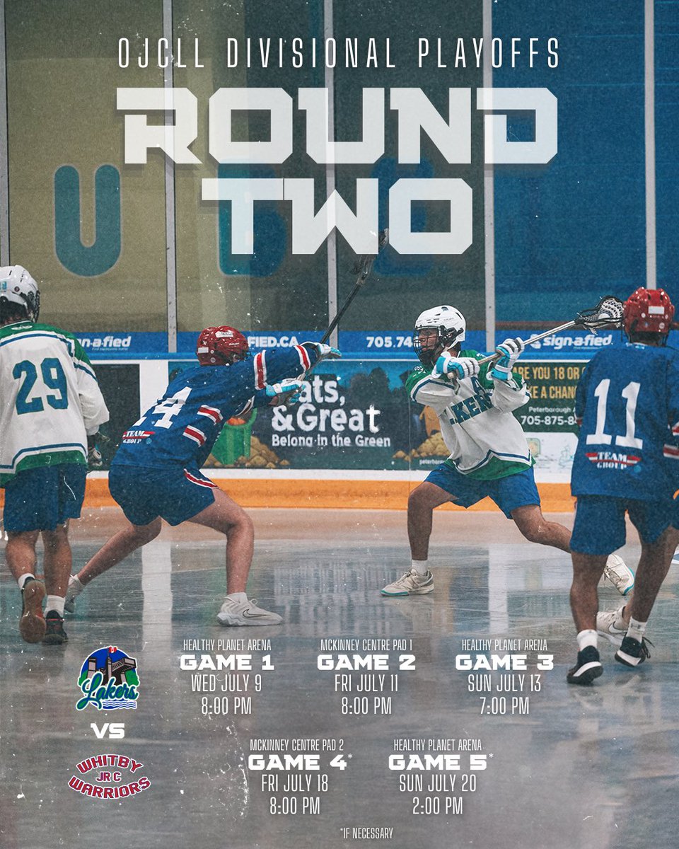 PtboJrCLakers's tweet photo. The stage is set for Round 2 of Playoffs. Lakers vs. Warriors. Kicking off this Wednesday, July 9th at home. 8PM @ Healthy Planet Arena. Be there to cheer on your Jr. C Lakers. https://t.co/HOuD5SuknV