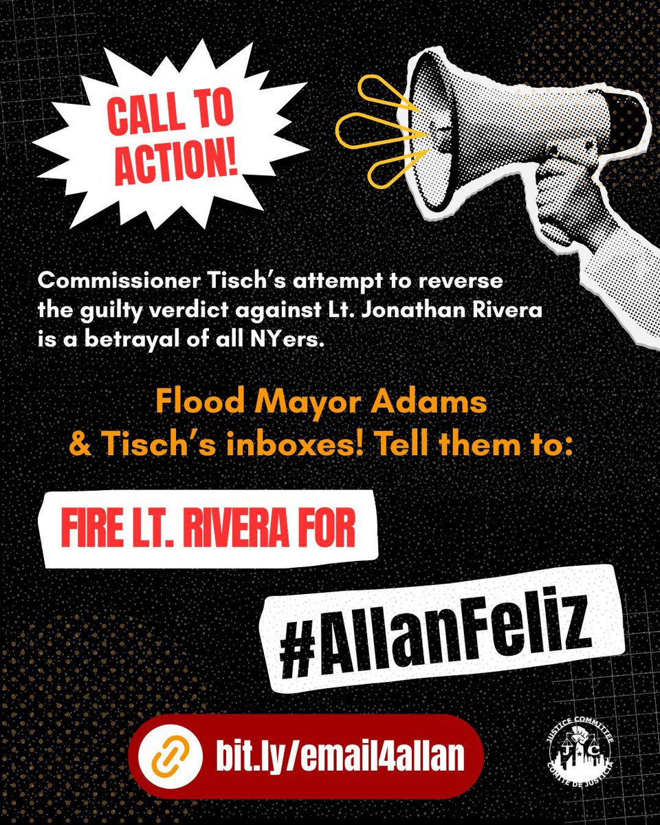 watchthecops's tweet image. On 7/3 @NYPDPC made a *preliminary* decision to FLIP the guilty verdict for Lt. Rivera -after her own Deputy Commish said FIRE HIM. This cowardly, out-of-process move betrays #AllanFeliz’s family &amp;amp; all NYers. Email @NYPDPC @NYCMayor to #FireJonathanRivera! bit.ly/email4allan