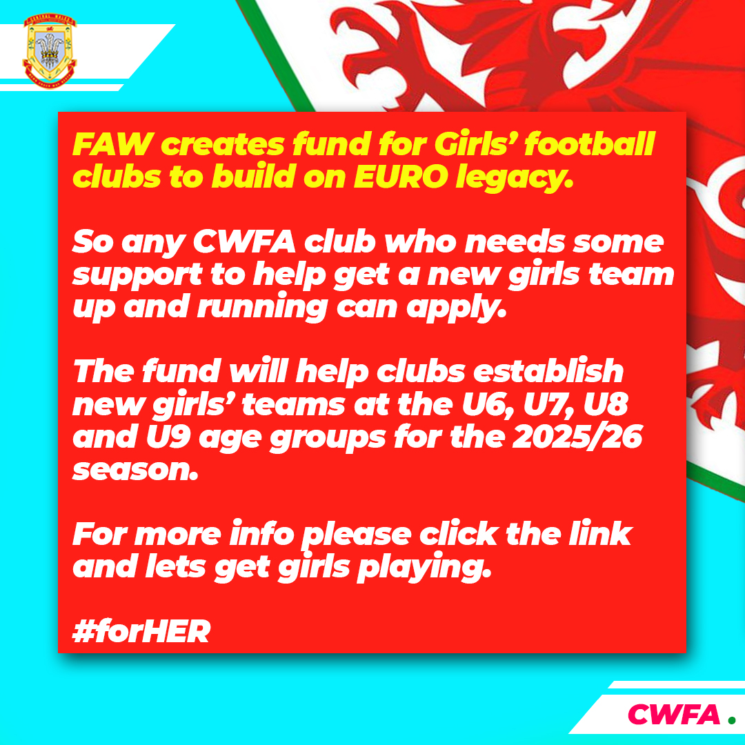 Attention #CWFA clubs, are you looking to create girls teams at u6s-u9s for 25/26?  You can apply for funding to support with growing the game at your club, ready for next season! Click for info and to Apply 👇 #forHER

faw.cymru/news/faw-creat…