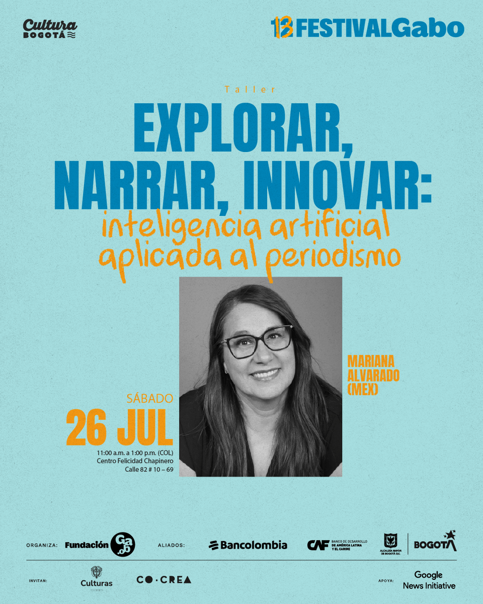 Fundación Gabo (@fundaciongabo) on Twitter photo <a href="/FestivalGabo/">Festival Gabo</a> <a href="/Alvaradomariana/">Mariana Alvarado</a> <a href="/GoogleNewsInit/">Google News Initiative</a> <a href="/piacastroospina/">Pia Castro</a> ¿Sabés cómo aprovechar la inteligencia artificial para mejorar tu trabajo periodístico? 🤖📝
En este taller, dirigido por <a href="/Alvaradomariana/">Mariana Alvarado</a>, con el apoyo de <a href="/GoogleNewsInit/">Google News Initiative</a>, conocerás cómo optimizar tiempos, organizar información y enriquecer la redacción usando herramientas como <a href="/FestivalGabo/">Festival Gabo</a> <a href="/Alvaradomariana/">Mariana Alvarado</a> <a href="/GoogleNewsInit/">Google News Initiative</a> <a href="/piacastroospina/">Pia Castro</a> ¿Sabés cómo aprovechar la inteligencia artificial para mejorar tu trabajo periodístico? 🤖📝
En este taller, dirigido por <a href="/Alvaradomariana/">Mariana Alvarado</a>, con el apoyo de <a href="/GoogleNewsInit/">Google News Initiative</a>, conocerás cómo optimizar tiempos, organizar información y enriquecer la redacción usando herramientas como