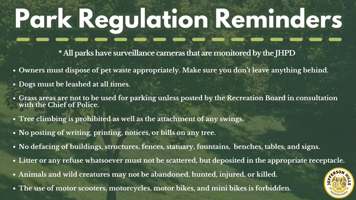 Residents, as you enjoy borough parks this summer, please be sure to adhere to our park regulations.

For everyone’s safety and security, please note that surveillance cameras are located throughout all borough parks. These cameras are under the continuous monitoring of the JHPD.