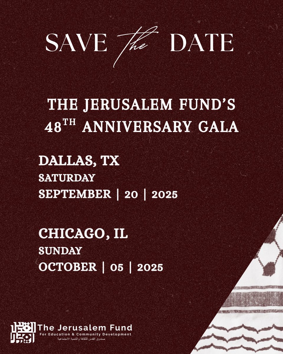 PalestineCenter's tweet image. Dallas and Chicago! Mark your calendars for our 48th Anniversary Gala. More details coming soon.