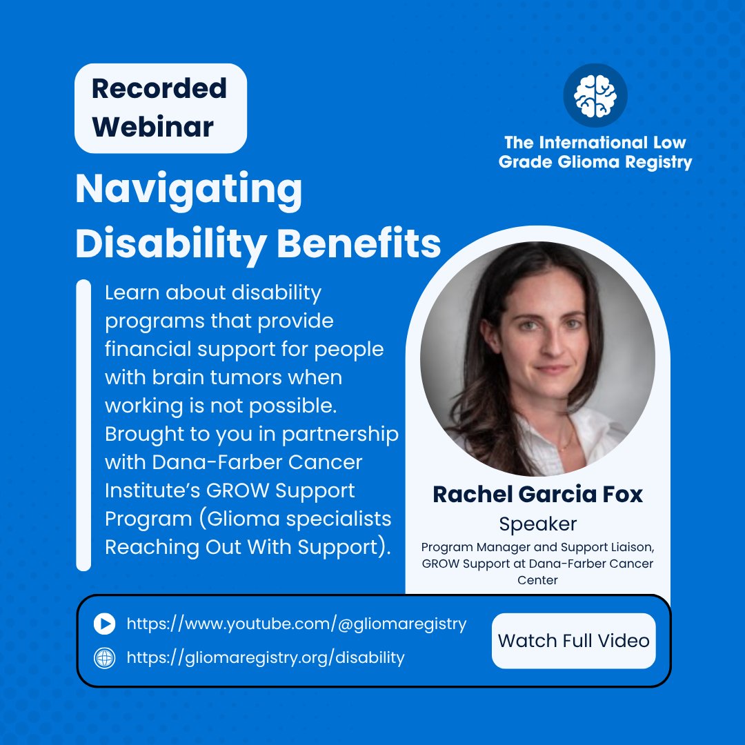 a_e_heffernan's tweet image. Learn about disability programs that provide financial support for people with brain tumors with @gliomaregistry's webinar “Navigating Disability Benefits.” Watch the recording on our website or YouTube channel.🧠
gliomaregistry.org/disability
youtube.com/@gliomaregistry