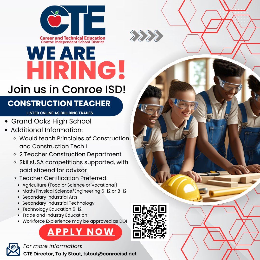 Have a passion for construction and teaching others?  Come work with us at Grand Oaks High School, Conroe ISD!  jobs.conroeisd.net/winocular/work…