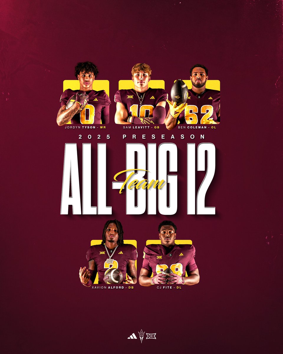 Sun Devil Football (@asufootball) on Twitter photo Big time players ‼️
5️⃣ Sun Devils named to the all <a href="/Big12Conference/">Big 12 Conference</a> preseason team
#ForksUp /// #ActivateTheValley Big time players ‼️
5️⃣ Sun Devils named to the all <a href="/Big12Conference/">Big 12 Conference</a> preseason team
#ForksUp /// #ActivateTheValley