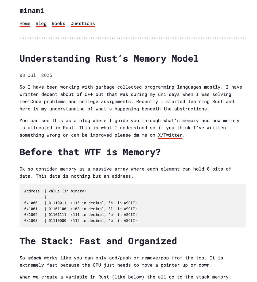 minamisatokun's tweet image. wrote a quick blog on what I understood how Rust handles memory, also update the Books page with 2 books I've read recently for Rust
I am liking this, might start with async rust next or implement things to get better understanding on things like lifetimes (still kinda…