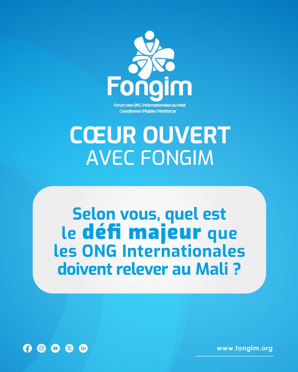 Aujourd’hui, nous vous écoutons !  

D’après vous, quel est le plus grand défi que doivent relever les ONG au Mali ? 🇲🇱 

La Santé, l'éducation, la sécurité alimentaire ou autre ? Donnez-nous votre avis en commentaire ! ⌨