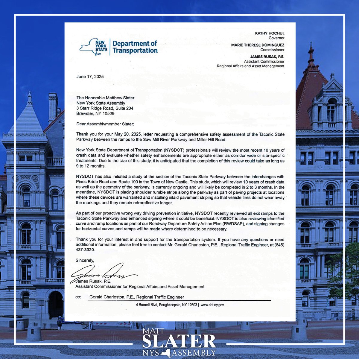 Following the tragic May 14 crash that claimed four lives, I called on NYSDOT to launch a full safety review of the Taconic between the Saw Mill River Parkway and Miller Hill Road.

I'm grateful they’ve now confirmed a comprehensive study is underway—something our community has