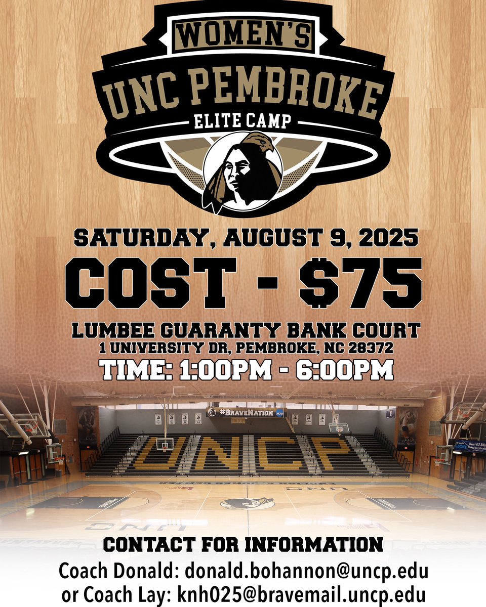 UNCP Women's Basketball (@uncp_wbb) on Twitter photo Itโs that time again! We want to invite you to our 2nd elite camp of the summer, August 9th at 1pm. We look forward to seeing you all there! ๐
๐๏ธ August 9th
๐ Lumbee Guarantee Bank Court
โ๏ธ 1pm-6pm
๐ฐ $75
๐ฒ Coach Don or Coach Lay (emails above)
๐ป uncpwomensbasketball.totalcamps.com/shop/EVENT Itโs that time again! We want to invite you to our 2nd elite camp of the summer, August 9th at 1pm. We look forward to seeing you all there! ๐
๐๏ธ August 9th
๐ Lumbee Guarantee Bank Court
โ๏ธ 1pm-6pm
๐ฐ $75
๐ฒ Coach Don or Coach Lay (emails above)
๐ป uncpwomensbasketball.totalcamps.com/shop/EVENT