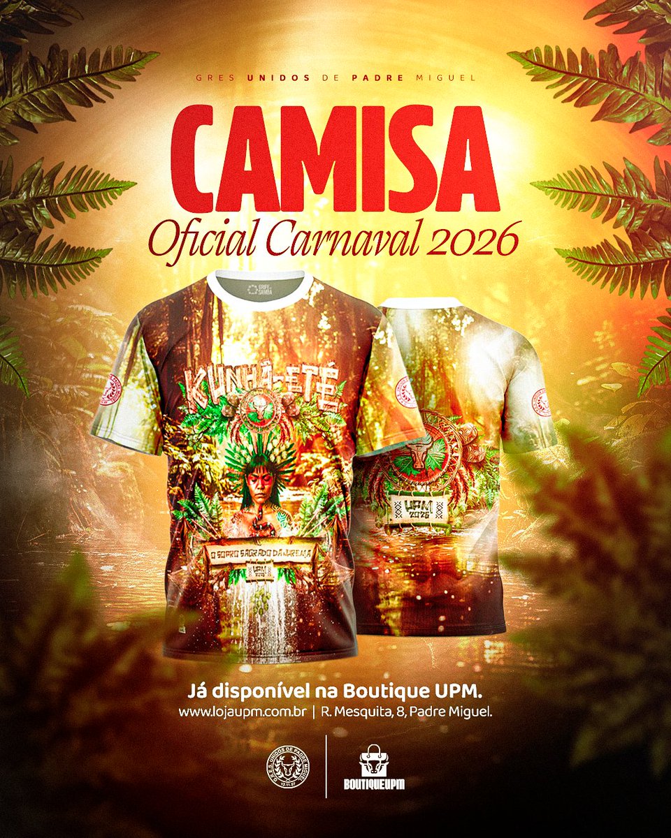 A Camisa Oficial do Enredo 2026 já está disponível na Boutique da UPM! .

📍 Rua Mesquita, 8 – Padre Miguel
⏰ Segunda a sexta, das 10h às 18h
📲 (21) 99384-2327
🌐 lojaupm.com.br

Garanta já a sua e venha com a cara e a alma do Boi Vermelho pro Carnaval 2026!