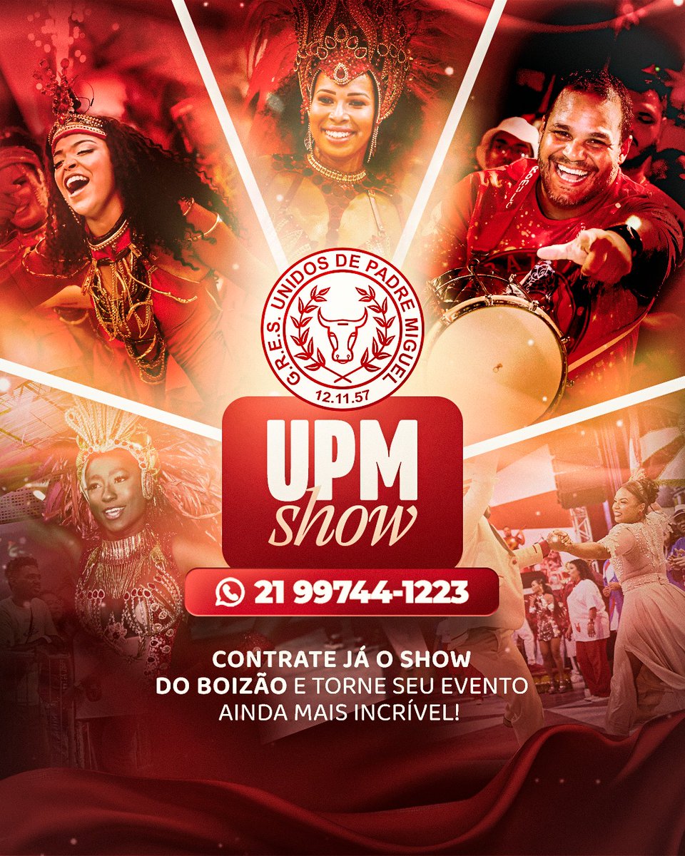 Leve o show da Unidos de Padre Miguel para o seu evento! 🔥

Quer transformar sua festa em uma explosão de alegria, ritmo e emoção? Contrate o UPM Show e receba toda a energia do Boi Vermelho com passistas, mestre-sala, porta-bandeira e bateria!
📲 Contato direto: (21) 99744-1223