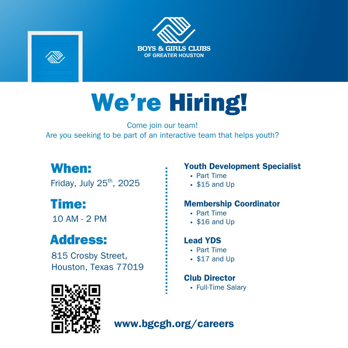 We’re hiring! Club kids need YOU 💙

Join BGCGH as a:
-YDS
-Membership Coordinator
-Lead YDS
-Club Director

📅 July 25 | ⏰ 10 AM - 2 PM
📍 815 Crosby St. | On-the-spot interviews!

Apply: bgcgh.org/careers
#ClubKidsNeedYou #NowHiring #BGCGH