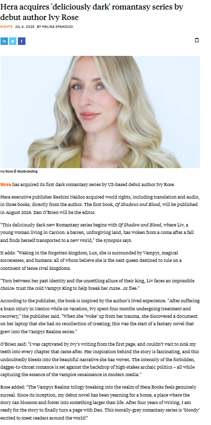 HeraBooks's tweet image. New author alert!
We are thrilled to be publishing the debut Romantasy series by Ivy Rose in 2026 - a mesmerising Vampyre series starting with Of Shadows and Blood in August 2026.
Read all about it here and join us in welcoming Ivy to Hera!
herabooks.com/2025-07-07-her…