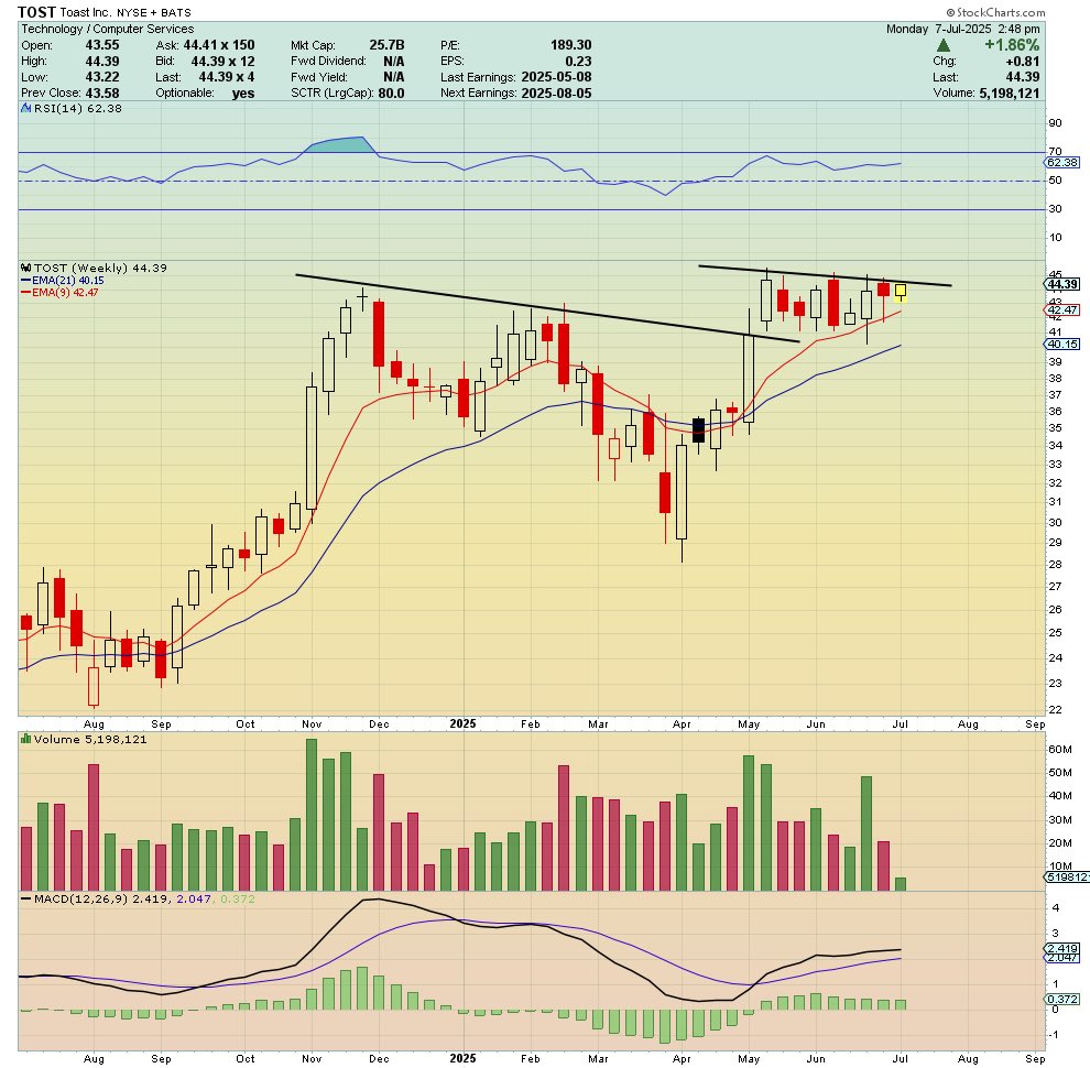 $TOST Weekly - Favorite chart right now

Built a second base with EMAs curling up

Over 45 we go straight to 50