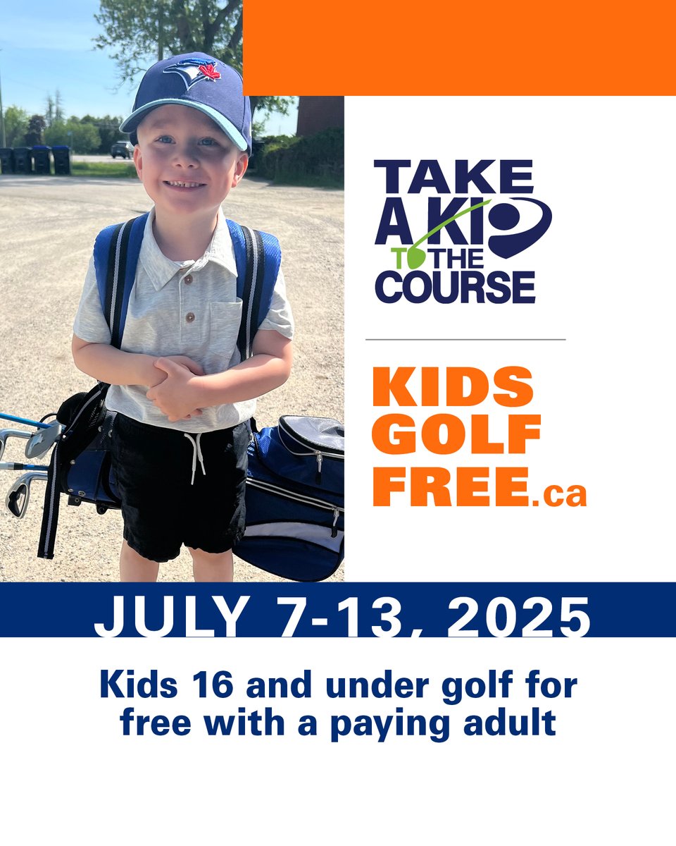 It's Take a Kid to the Course week!  Kids 16 &amp; under golf for free with a paying adult (some weekend restrictions apply).  Get more information at kidsgolffree.ca, call our Pro Shop to book a tee time!