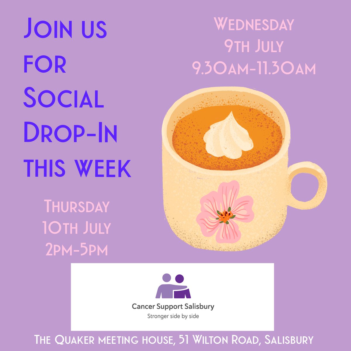 Join us for social drop-in this week, come rain or shine the kettle will be on for a brew. Open to anyone affected by cancer  including their loved and carers. See you there 😊