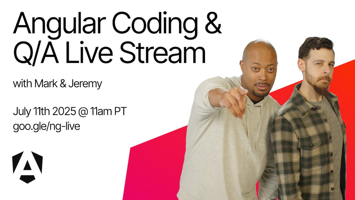 angular's tweet image. This week: Angular Coding & Q&A Live Stream 🔥
Don’t miss Mark and Jeremy diving deep into all your questions.
Join them July 11h @ 11am Pacific
goo.gle/ng-live