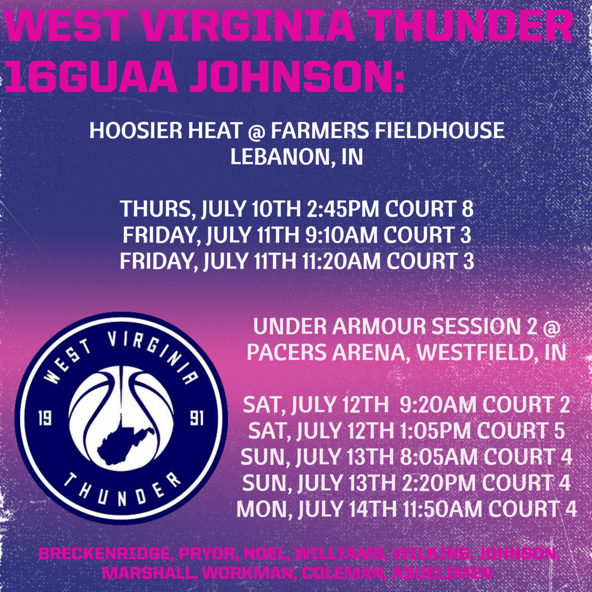 Back on the court this week in Indy!!

<a href="/WVThunderUAA/">West Virginia Thunder UAA</a> 
<a href="/Scottejohnson12/">Scott johnson</a>