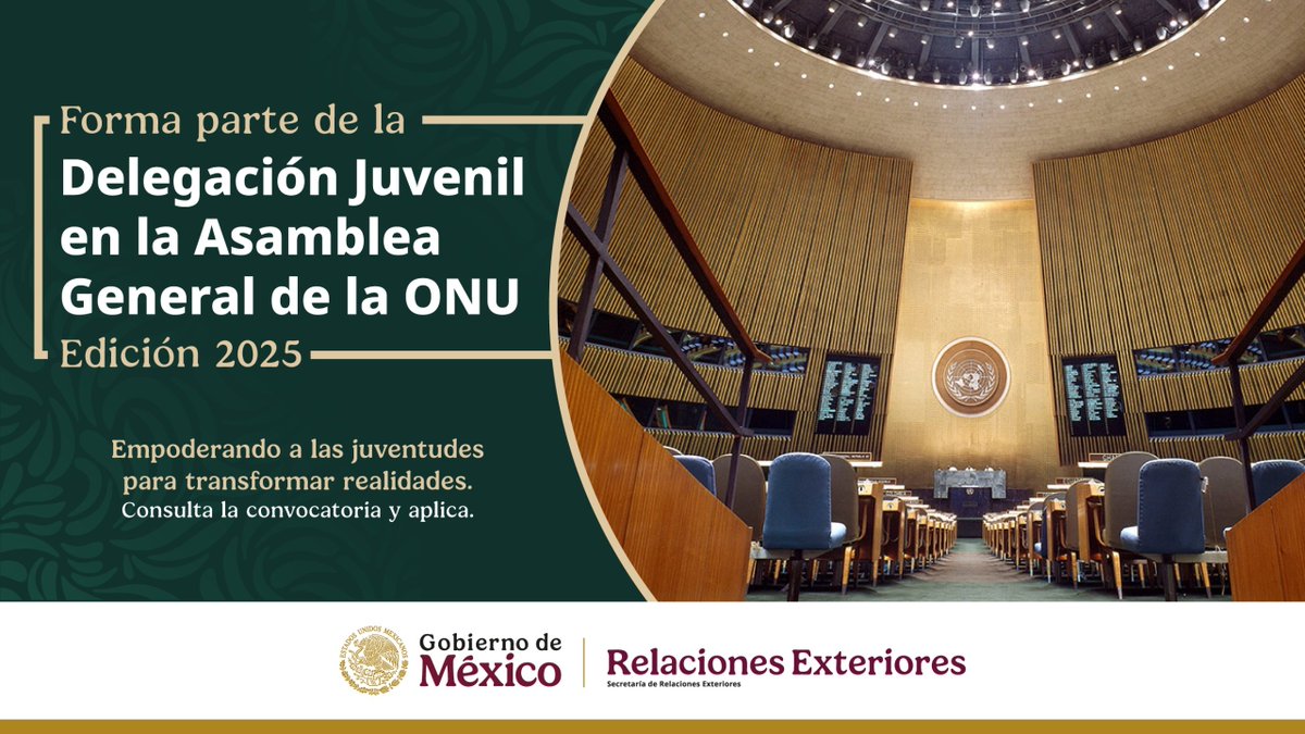 ¿Te interesa representar a México ante la ONU? 🇺🇳 

📢 El gobierno de 🇲🇽 busca jóvenes como tú para representar al país en la AGONU 2025.

🗓️ Tienes hasta el 11 de julio para aplicar: bit.ly/3SRp25o 

#JuventudEnLaDiplomacia #SoyDelegadoMx #UNYouth