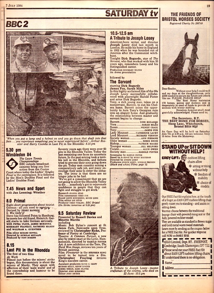 TV📺7/7/84 BBC1 
12.0:Film - The New Adventures of Tarzan 1.0:Grandstand 5.55:News 6.10:Film - Mackenna's Gold 8.15:The Val Doonican Music Show 9.0:Dynasty 9.50:News 10.5:Wimbledon 84 11.5:Bird of Prey