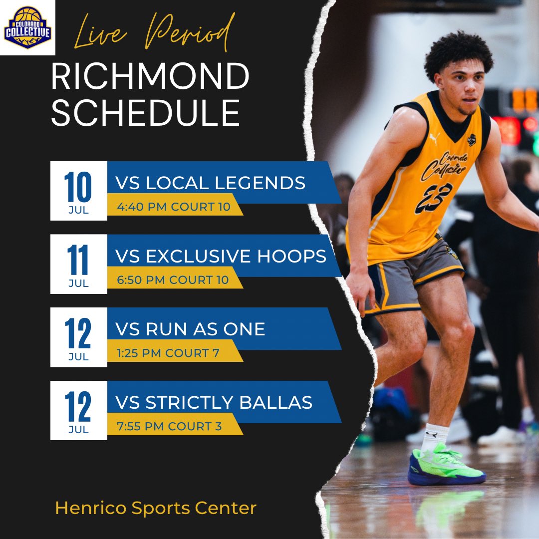 My schedule for this upcoming live period in Richmond, Virginia with <a href="/COCollective303/">Colorado Collective Basketball</a> 

<a href="/PRO16League/">PRO16/NXTPRO League</a> <a href="/NxtProHoops/">NXTPRO Hoops</a>