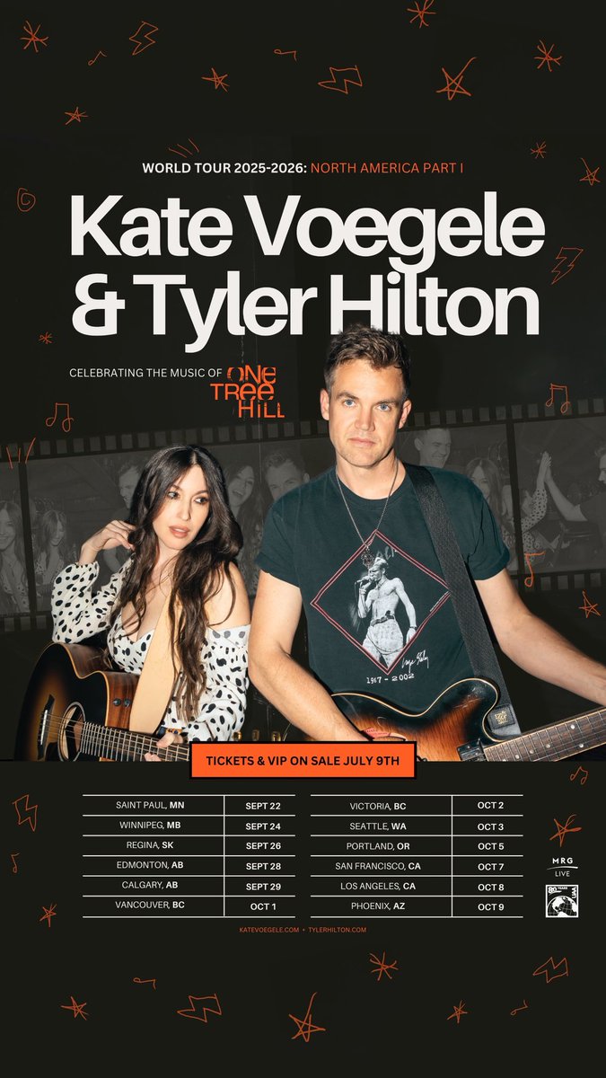Ohhh, it's happening! 

Part 1 of the "Celebrating the Music of One Tree Hill" Tour with <a href="/katevoegele/">katevoegele</a> goes on sale Wednesday, July 9th @ 10:00 AM Local Time. See you there!

🎫: tylerhilton.com