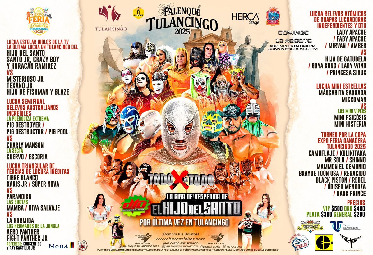 🚨Just announced on Facebook 
For DTU 🚨

🎭 Farewell of the Son of the Saint in Tulancingo 📡

💥 Herca Stage and DTU Mexican Professional Wrestling present:

🤩 Star Fight with TV Idols; El Hijo del Santo, Santo Jr, Crazy Boy and Huracan Ramirez in front of the newly unmasked