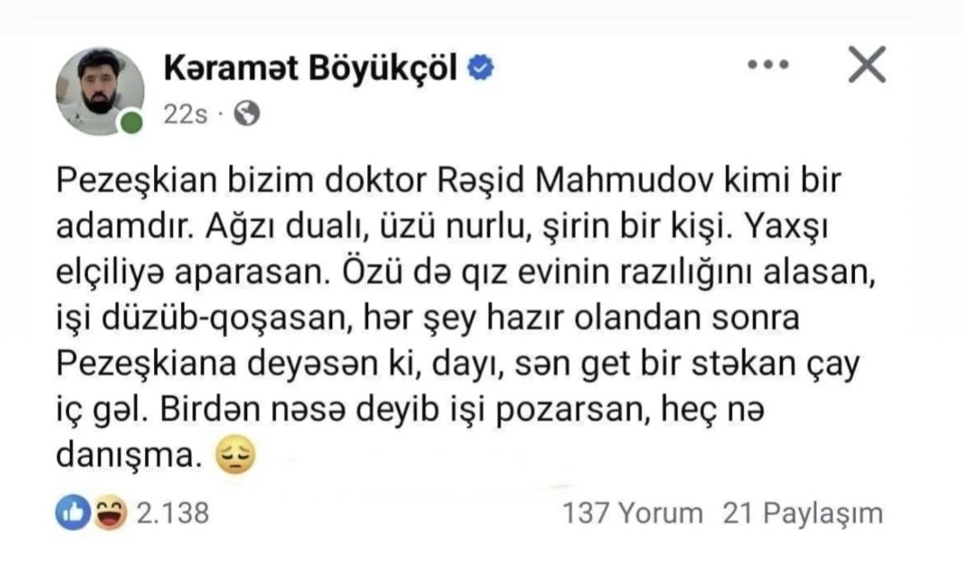 Dr_fathi_davood's tweet image. فعال سياسى باكو:
پزشكيان مثل دكتررشيد محمدوف ماست.خوش زبان ومهربان است،اما فقط به دردمراسم خواستگارىمیخورد نه رياست.
آن هم به شرطیكه بعدازحل وفصل كار،بيايد فقط چاى بخوردوحرف نزند، چون ممكن است بايك جمله همه جيز را خراب كند.
كنش گرهاى باكواينو ميگن اونوقت يه عده ماله میكشند.