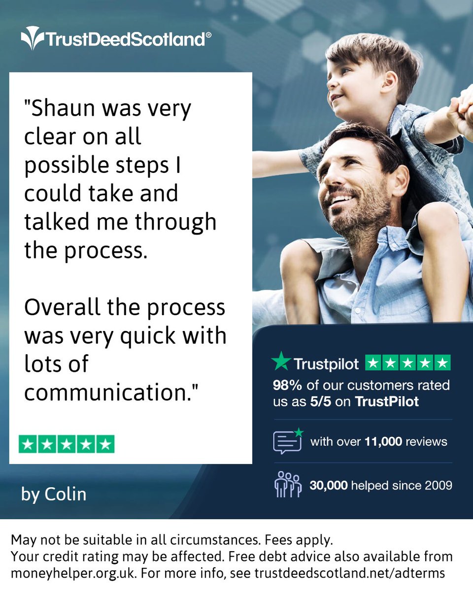 TrustDeedScotl's tweet photo. ๐ Trust Deed Scotlandยฎ @Trustpilot review.
โ
โ
โ
โ
โ
by Colin.
Read more reviews:
โก๏ธ https://t.co/ftpYfsB9cN
Get started:
โก๏ธ https://t.co/qHLKkMXFmH
๐ 0141 221 0999
#trustdeedscotland #scottishdebtadvice #debthelpscotland https://t.co/Ew2bHdkCU7