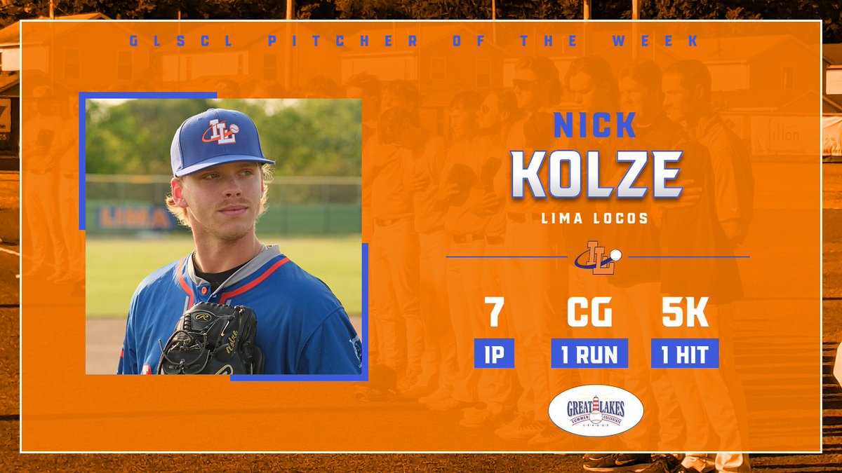 GLSCL Baseball (@glscl) on Twitter photo The #GLSCL Pitcher of the Week is <a href="/KolzeNick/">Nick Kolze</a> from the <a href="/locosbaseball/">Lima Locos Baseball</a> after pitching a seven-inning complete game July 3. Kolze gave up just one run on one hit striking out five batters for his third win of the season. 📸 Michael Ayers
pointstreaksites.com/view/greatlake… The #GLSCL Pitcher of the Week is <a href="/KolzeNick/">Nick Kolze</a> from the <a href="/locosbaseball/">Lima Locos Baseball</a> after pitching a seven-inning complete game July 3. Kolze gave up just one run on one hit striking out five batters for his third win of the season. 📸 Michael Ayers
pointstreaksites.com/view/greatlake…