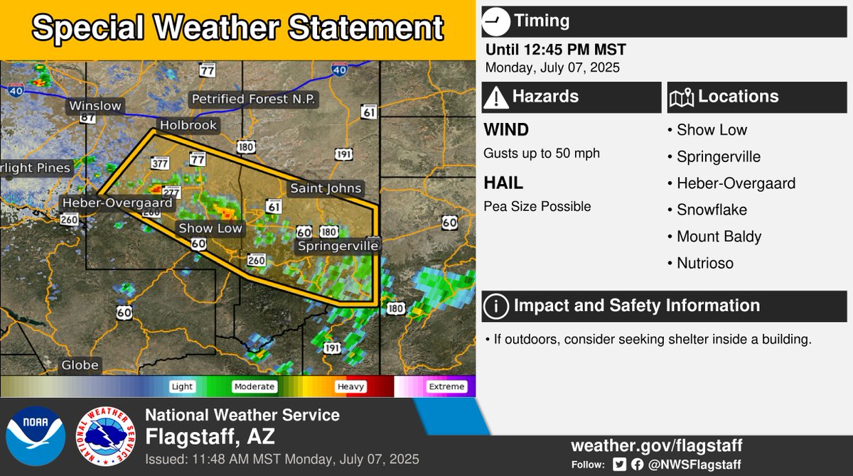 ⚠️ Special Weather Statement ⚠️ in effect until 12:45 PM MST for portions of Navajo and Apache Counties.

This includes Show Low, Springerville, Heber-Overgaard, Snowflake, Mount Baldy, and Nutrioso. More info: weather.gov/fgz/wwa?wmo=WW…. #azwx