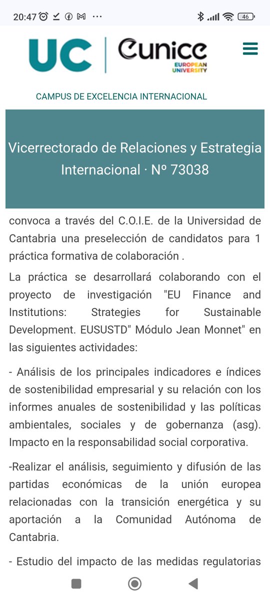 BECA DE PRÁCTICAS [TITULACIONES EpIME]. Vic. de Relaciones y Estrategia Internacional convoca 1 práctica en el proyecto  "EU Finance and Institutions: Strategies for Sustainable Development. EUSUSTD" Módulo Jean Monnet". web.unican.es/unidades/coie/…
