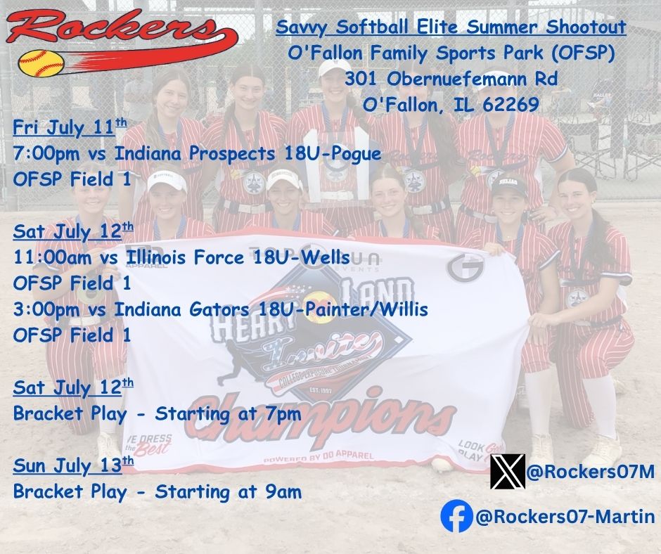 Rockers 07 are on the road this weekend playing in the Savvy Softball Elite Summer Shootout.  Come watch the team play at O'Fallon Family Sports Park in O'Fallon, IL.  Pool play games starting at 7pm Friday.