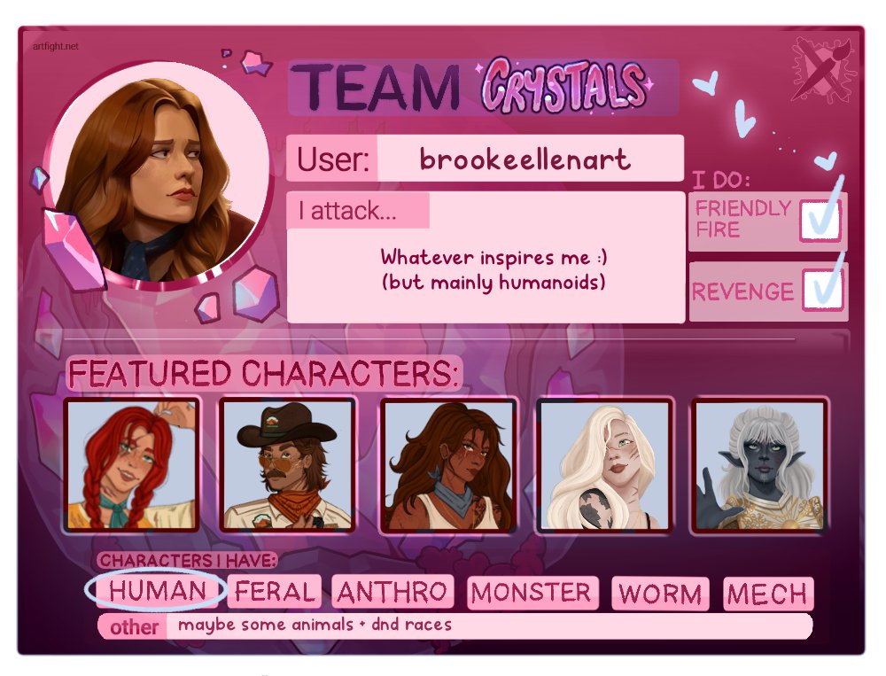 So I might be doing artfight this year... here's my card 😁

artfight.net/~brookeellenart