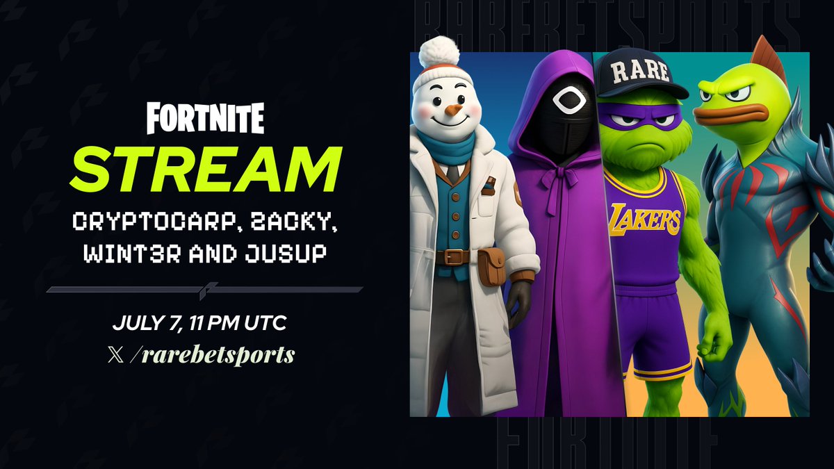 SQUAD UP!!

We've got <a href="/thecryptocarp/">Shark Carp</a>, <a href="/0xZackyyy/">ZACKY</a>, and <a href="/jusup11/">J U S U P</a> coming to you live for a special Fortnite stream today at 11pm UTC!

Catch us live on X or Twitch!
