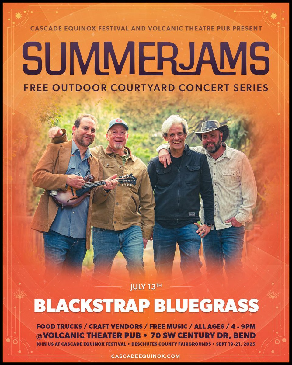Join us Sunday, July 13 at the Volcanic Theatre Pub for a free outdoor concert full of cosmic twang, jamgrass energy, and rootsy Americana flavor. 🌌🌿

While you're there, grab your fee-free tickets to Cascade Equinox 2025! No service charges, just great music and company. 🙌🎟️