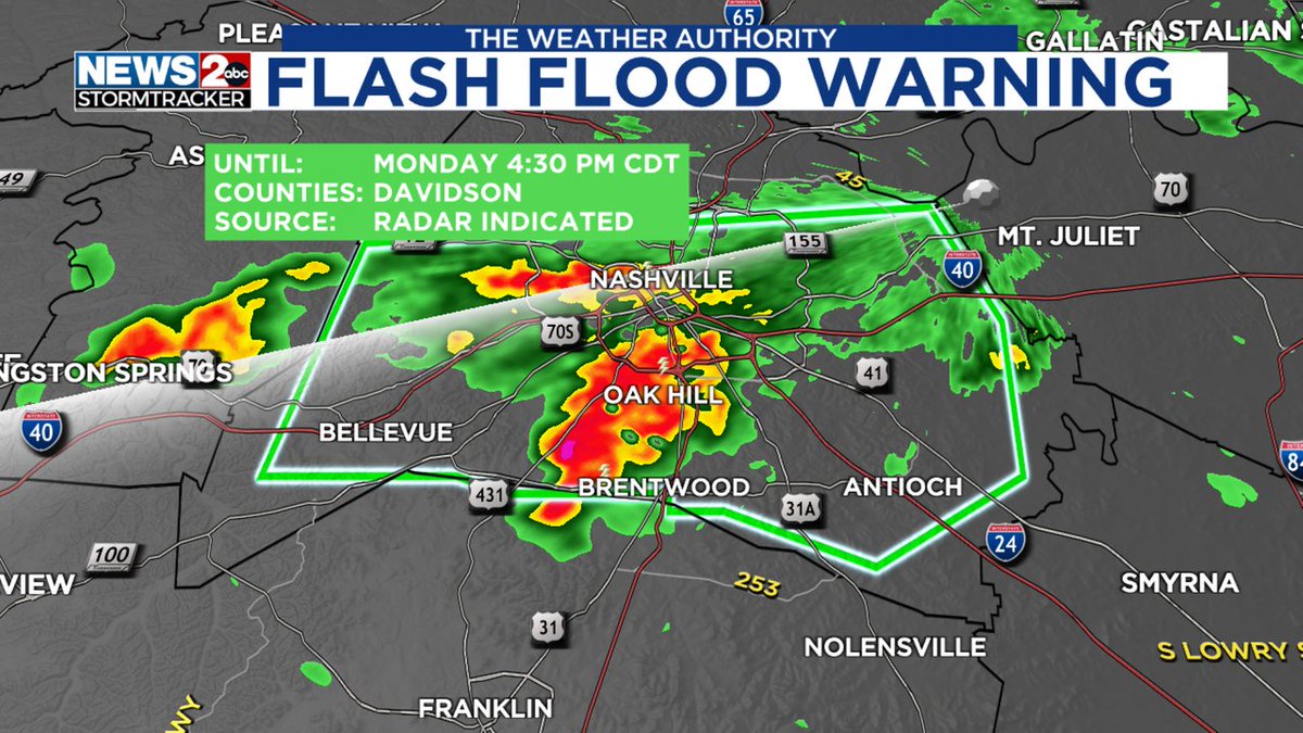 WEATHER ALERT: Flash Flood Warning for the area in green. Stay tuned to #wkrn. Interactive Radar - wkrn.com/radar?utm_medi… #WeatherAuthority