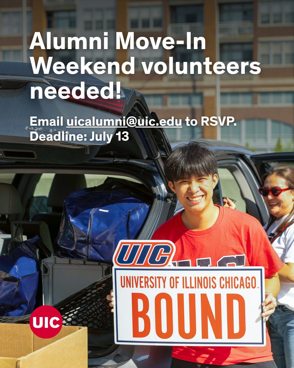 UIC_Alumni's tweet image. Remember the thrill of moving into the residence halls? Be part of the energy and excitement at Move-In Weekend 2025! 
Saturday, Aug. 23, 2025.
Email uicalumni@uic.edu to volunteer today. Spots are limited.
T-shirts, snacks and good vibes are included.
#FlamesForever #UICAlumni