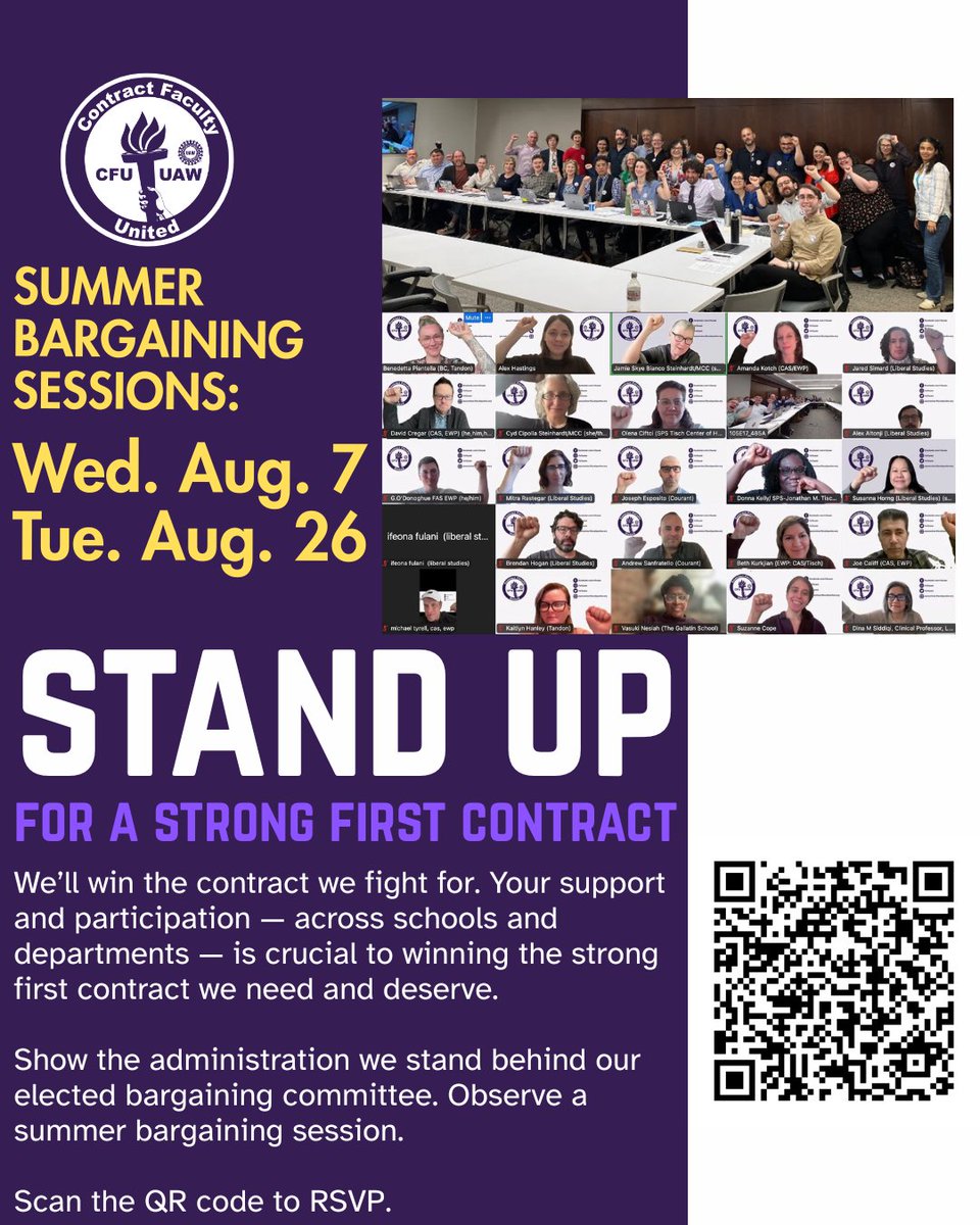 CfuUaw's tweet image. Show the administration we're standing behind our elected bargaining committee. NYU contract faculty members can observe bargaining August 7 and August 26. RSVP here: forms.gle/CRn78X1GEU4c4S…