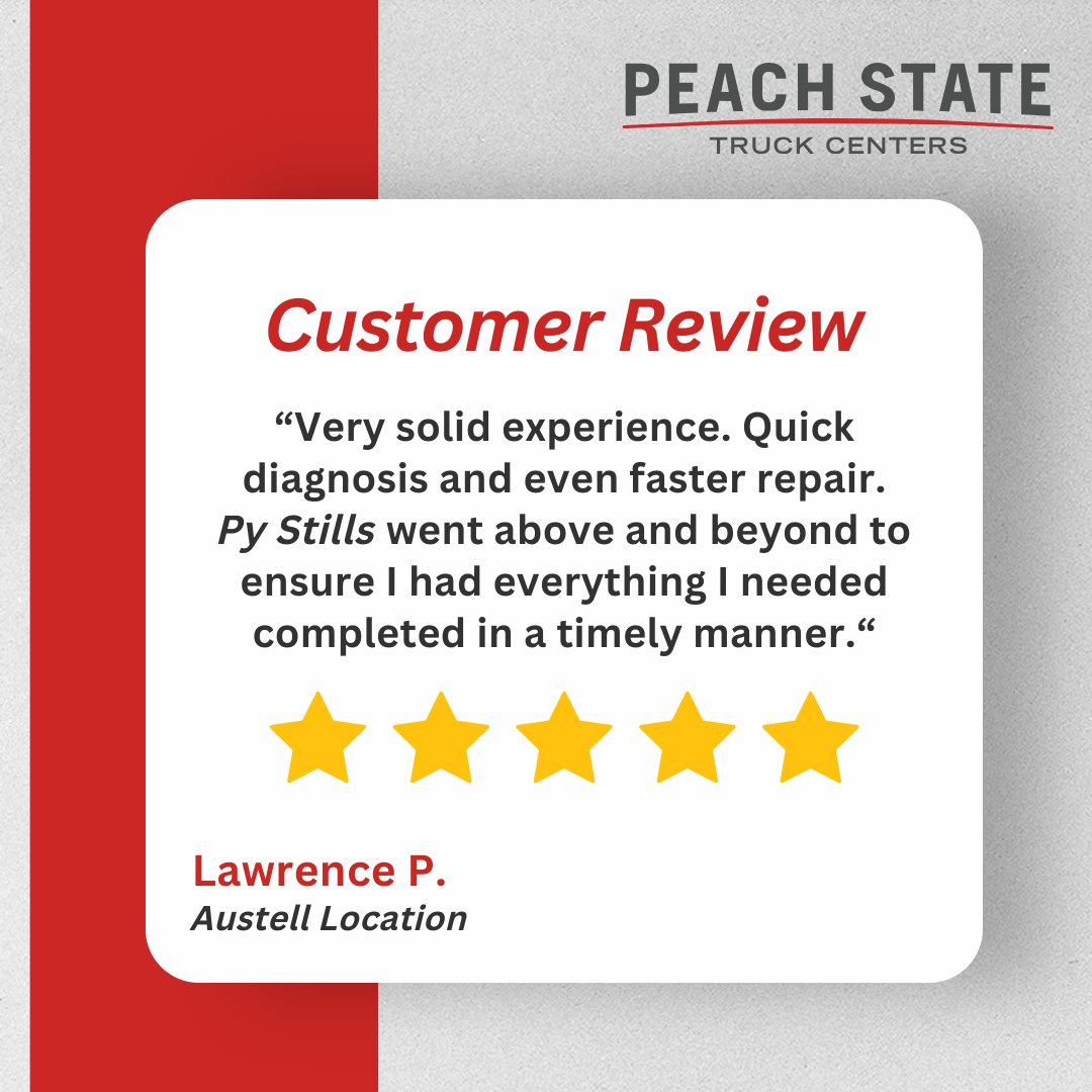 Fast, efficient, and always going the extra mile 💪

Shoutout to Py Stills and the team at our Austell location for delivering a quick diagnosis and an even quicker repair. We’re committed to keeping you on the road—with service you can count on and people who care.