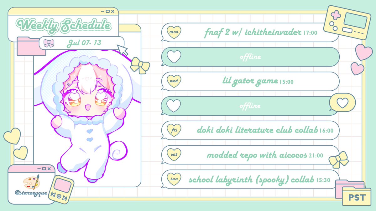 Here's my schedule for the week! I'm very excited to play new games and hang out with new &amp; old friends!!! Nyako Nyako!!!🍡